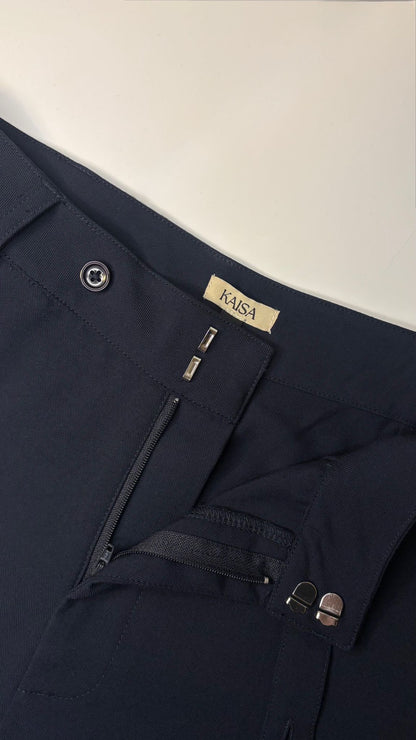 Close-up of Muse straight leg trousers in midnight blue showing open fly zipper detail, tailored fit for petite frames